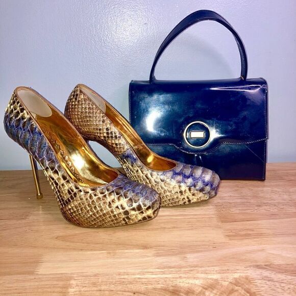 Francesco Sacco, Authentic & Exotic Python Snakeskin Gold Metal Spike Stilettos - Picture 2 of 14